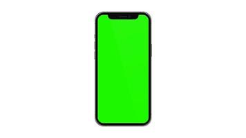Mobile phone with blank green screen, front view, isolated on white background. 4K animation for presentation on mockup screen video