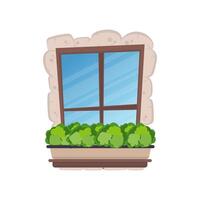 Rectangular window with flowers in cartoon style. Stone cladding. For the design of games or buildings. Isolated. Vector. vector