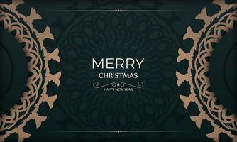 Brochure Merry Christmas and Happy New Year dark green color with vintage yellow pattern vector