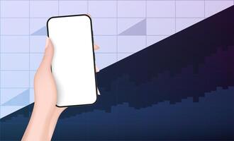 A hand holds a phone with a white screen on the background of financial charts.The concept of analytics, business or trading on the financial exchange. Neon colors, realistic style. . vector