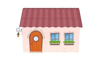 Small country house with a semicircular door. House in flat cartoon style. Isolated Vector illustration.