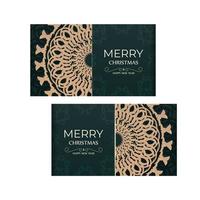 Greeting card Merry Christmas and Happy New Year in dark green color with abstract yellow ornament vector