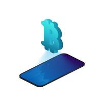 The bitcoin icon levitates over the phone. Mobile screens modern infographic. Diagram template and chart graph. illustration. vector