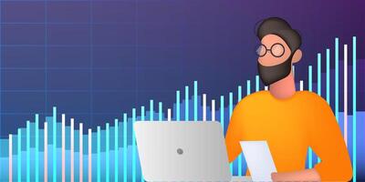 A man works with documents at a laptop. Background with financial charts. The concept of analytics, business or trading on the financial exchange. . vector