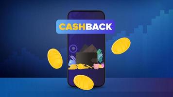 Cashback banner. Gold coins fall near the phone. The concept of earnings. Vector illustration.