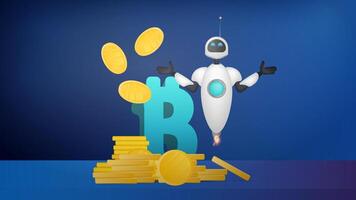 White flying robot and gold coins in the air. Bitcoin sign and mountain of gold coins. For the topic of saving and returning money. Vector