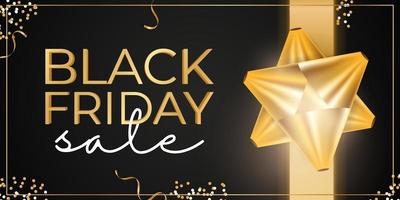 Black friday sale banner. Gold onion or bow, confetti. Ready poster. Vector