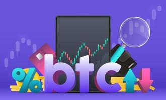 Trading on the bitcoin exchange. Percentage with up and down arrows. Wallet, bank card, graph, magnifier, tablet. Vector. vector