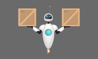 White flying robot holds a box in his hand. Delivery and trucking concept. Realistic style. Vector illustration.