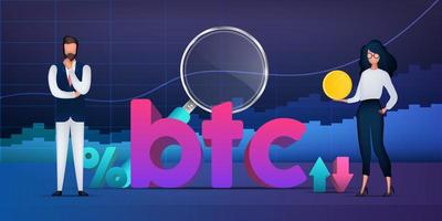 hombres y mujeres empresarios invierten en bitcoins. fondo con gráficos financieros. colores neon. análisis comercial, concepto de intercambio comercial o financiero. vector. vector