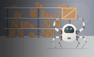 A robot picks up a box in a warehouse. Large warehouse with wooden and cardboard boxes. . vector