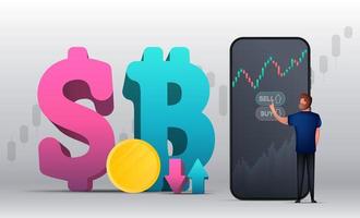 Trading banner. A man buys a dollar or bitcoin. Stock market investment trading concept. Candlestick chart. Vector illustration.