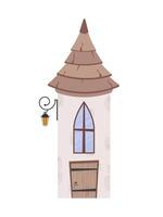 The building is in the form of a tower with a conical roof, a window and a wooden door. Stone building. Cartoon style. Vector illustration.