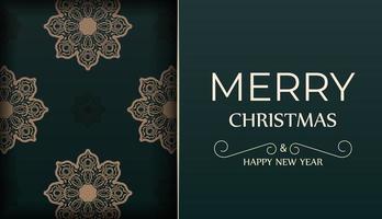 Merry christmas and happy new year dark green flyer with winter yellow ornament vector