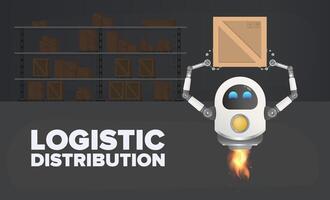 Logistic distribution. The flying robot picks up the box. Large warehouse with pallets, wooden and cardboard boxes. Vector illustration.