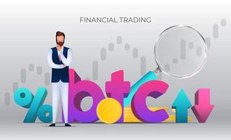 comercio en el intercambio de bitcoin. un hombre de negocios está reflexionando sobre una idea. porcentaje con flechas hacia arriba y hacia abajo. vector. vector