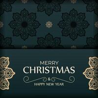 Holiday card Merry Christmas and Happy New Year in dark green color with vintage yellow pattern vector