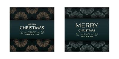 Merry christmas and happy new year dark green color flyer template with winter yellow pattern vector