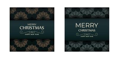 Merry christmas and happy new year dark green color flyer template with winter yellow pattern vector