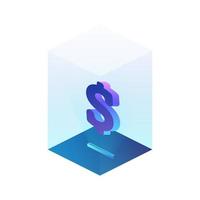Dollar icon in neon light. Glass pedestal in isometric style. Isolated. Vector. vector