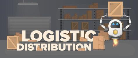 distribución logística. el robot volador recoge la caja. amplio almacén con tarimas, cajas de madera y cartón. vector