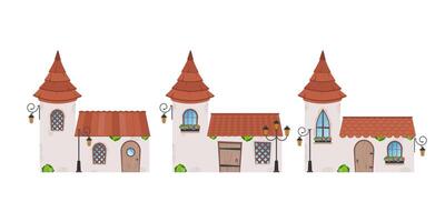 Set of Small fairy houses. Stone building with windows, door and roof. Cartoon style. For the design of games, postcards and books. Isolated on white background. Vector illustration.