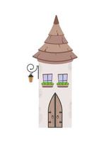 The building is in the form of a tower with a conical roof, a window and a wooden door. Stone building. Cartoon style. Vector illustration.