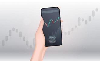 A hand holds a phone with a growth graph. Trading concept. Volumetric realistic style. Vector. vector