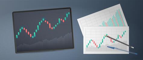Stock market chart and graph on tablet with pen and paper vector