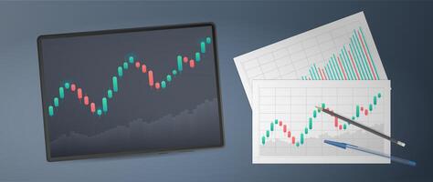 Tablet with uptrend line chart, histogram and bull market stock numbers. Letterheads with business charts. Vector. vector