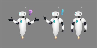 Set of white flying robots. Chat bots. Good for app and game design. Vector. vector