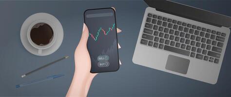 A hand holds a phone with a growth graph. Analyst or trader's workplace. The concept of trading on the finance exchange. Vector illustration.