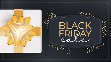 Black Friday sale banner. White gift box with golden bow shaped bow. Ready poster. Vector illustration.