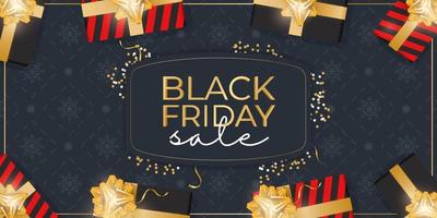 Black friday sale banner. Gold onion or bow, confetti, gift boxes. Ready horizontal poster. Vector illustration.
