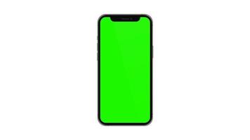 cellulare con schermo verde vuoto, vista frontale, isolato su sfondo bianco. Animazione 4K per la presentazione sullo schermo mockup video