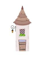 The building is in the form of a tower with a conical roof, a window and a wooden door. Stone building. Cartoon style. Vector illustration.