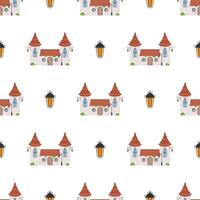 Seamless pattern with castle and towers. Endless background. Good for wrapping paper, postcards, and books. Cartoon style. Vector