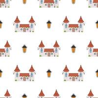 Seamless pattern with castle and towers. Endless background. Good for wrapping paper, postcards, and books. Cartoon style. Vector