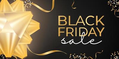 Black friday sale banner. Gold onion or bow, confetti. Ready poster. Vector illustration.