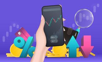 A hand holds a phone with a growth graph. The concept of trading on the finance exchange. Vector illustration.