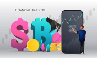 Trading banner. A man buys a dollar or bitcoin. Stock market investment trading concept. Vector illustration.