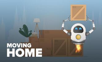 The flying robot picks up the box. A mountain of cardboard boxes. House moving concept. . vector