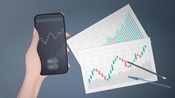 Stock market chart on smartphone, hand holding a pen and paper vector