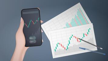 A hand holds a phone with a growth graph. Blanks with business charts, uptrend line graph, histogram and bull market stock numbers. Vector. vector