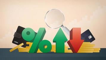 Percentage with up and down arrows, gold coins, bank card, magnifier. Stock market investment trading concept. Vector illustration.