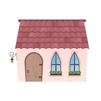 Small country house with a semicircular door. House in flat cartoon style. Isolated on white background. Vector illustration.