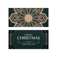 Holiday card Happy New Year in dark green color with vintage yellow pattern vector