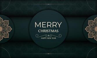 A green and gold merry christmas card with a floral pattern vector