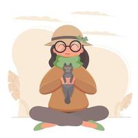 The girl sits in the lotus position and holds the cat. Vector. vector