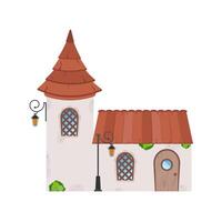 casa con torre. edificio de piedra con ventanas, puerta y techo. estilo de dibujos animados para el diseño de juegos, postales y libros. aislado sobre fondo blanco. vector